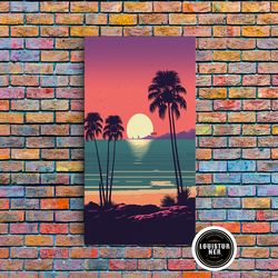 Framed Canvas Ready To Hang, Framed Canvas Print - Art Deco Sunset, Minimalist Beach, Palm Trees, Retro Style, Synthwave