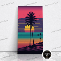 Framed Canvas Ready To Hang, Framed Canvas Print - Pop Art Style Beach At Sunset With Palm Trees - Retro Style - Living