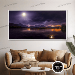 Framed Canvas Ready To Hang, Full Moon Canvas Print, Lightning Storm Over A Mountain Lake At Night, Cool Wall Art, Aweso