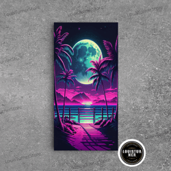 Framed Canvas Ready To Hang, Full Moon Over A Florida Beach, Palm Trees, Outrun Style Beach Landscape Art, Framed Canvas