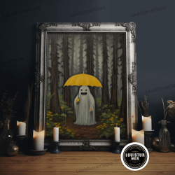 framed canvas ready to hang, happy ghost in the rain, vintage halloween canvas, framed canvas print, cute wall art, who'