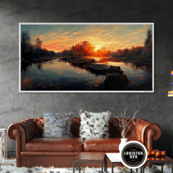 Framed Canvas Ready To Hang, Lake Sunset Oil Painting On Canvas, Canvas Print, Ready To Hang Gallery Wrapped Nature Canv
