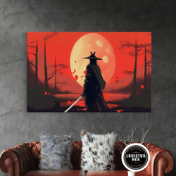 framed canvas ready to hang, mysterious samurai and blood moon print on canvas, framed canvas print, modern wall art, ca