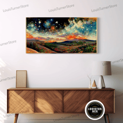 Framed Canvas Ready To Hang, Night Starry Sky Landscape Framed Canvas Print, Colorful Night Sky Painting Nature Painting