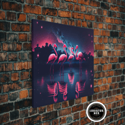 Framed Canvas Ready To Hang, Pink Flamingos Against A Starry Night Sky, Synthwave Vibes, Framed Canvas Print, Framed Art