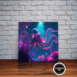 framed canvas ready to hang, pink octopus, ocean art, aquarium art, framed canvas print, vaporwave pastel art