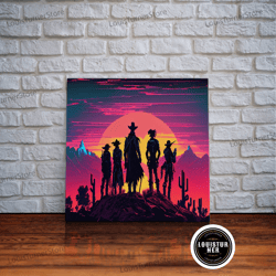 Framed Canvas Ready To Hang, Retro Synthwave Style Wild West Cowboys, Framed Canvas Print, Retro Outrun Style Wild West