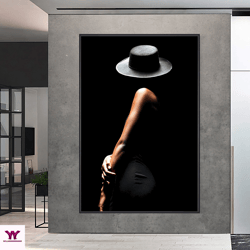 woman in black hat rolled canvas print, woman in black dress canvas, woman in hat poster wall art, ready to hang