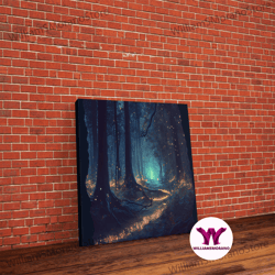 Decorative Wall Art, Fireflies Light Up A Mystical Fantasy Forest At Night, Framed Canvas Art, Framed Print