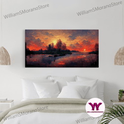 Decorative Wall Art, Lake Sunset Oil Painting On Canvas, Canvas Print, Ready To Hang Gallery Wrapped Nature Canvas Print