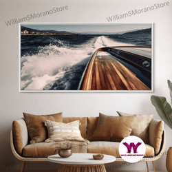 decorative wall art, leaving italy in the rear view, nautical decor, framed canvas print, speed boat photography print,