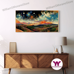 Decorative Wall Art, Night Starry Sky Landscape Framed Canvas Print, Colorful Night Sky Painting Nature Painting Living