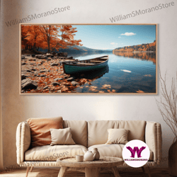 Decorative Wall Art, Pacific Northwest Photography Print, Beautiful Lake With Canoe In The Fall, Framed Canvas Print, Ph