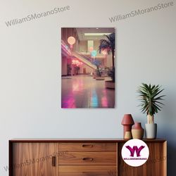 decorative wall art, photo of a 1980s mall, framed canvas print, liminal spaces, vaporwave aesthetic wall art, game room