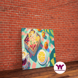 Decorative Wall Art, Picnic Art, Whimsical Summer Deserts, Framed Canvas Print, Fruit Tart Painting, Picnic Basket Art