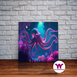 decorative wall art, pink octopus, ocean art, aquarium art, framed canvas print, vaporwave pastel art