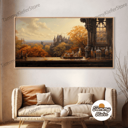 high quality decorative wall art, old timey western bar, oil painting of a vintage bar overlooking a victorian city, kit