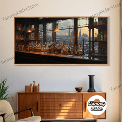 high quality decorative wall art, old timey western bar, oil painting of a vintage bar overlooking the city, kitchen art
