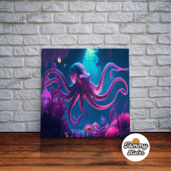 high quality decorative wall art, pink octopus, ocean art, aquarium art, framed canvas print, vaporwave pastel art
