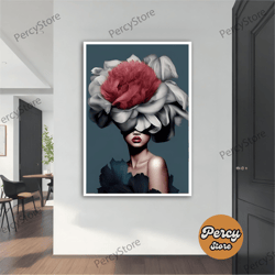 Wall Decoration Canvas Painting - Living Room Bedroom Home and Office Wall Decoration Canvas Art, Red Flower Hair Woman
