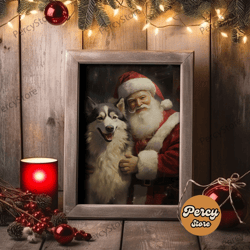 Santa Claus Holding An Alaskan Malamute, Christmas Wall Art, Dog Gift, Christmas Dog, Winter Wall Art, Santa Decor, Sant