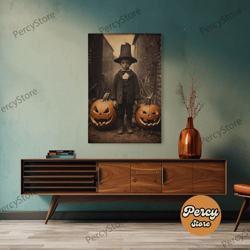 spooky victorian tintype photography, framed canvas print, halloween art, halloween canvas, pilgrim boy and his jack o'