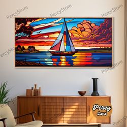 stained glass art deco sail boat wall art framed canvas print nautical art seascape art beach house decor