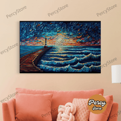 Starry Night Style Light House - Framed Canvas Print - Lighthouse And Beach Art - Lakehouse Art - Beach House - Living R