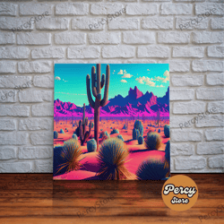 Synthwave Style Cactus Art, Retro Desert Abstract, Framed Canvas Print, Arizona Art