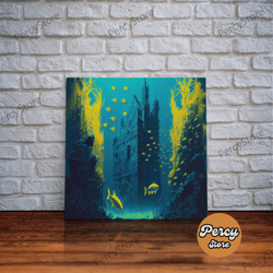 Underwater Castle Fantasy Art, 8 Bit Pixel Art For Videogame Room, Framed Canvas Print