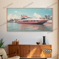 vaporwave pink yacht decor, nautical framed canvas print, eclectic retro wall art, 1980s vibes decor, vintage photograph