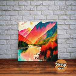 watercolor landscape, rainbow landscape art, framed canvas print, unique primitive style landscape decor