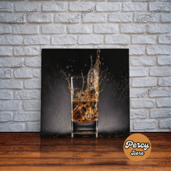 whiskey wall dcor, glass of whiskey with splash, man cave wall art, whisky artwork, home bar decor, framed canvas print,
