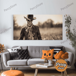 Wild West Zombie Cowboy, Creepy Halloween Decor, Framed Canvas Print, Vintage Tintype Photo Art, Halloween Art Print