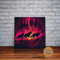 Wolf Pack On The Hunt At Sunset, Synthwave Animal Art, Framed Canvas Print