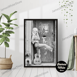 Dolly Parton Playing Acoustic Guitar Country Music Print Singer Poster Black White Retro Vintage Photography Canvas Fram
