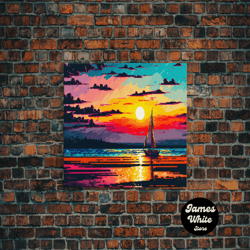 Framed Canvas Ready To Hang, Sailing At Sunset, Watercolor Painting Canvas Print, Framed Wall Art, Unique Sunset Pop Art