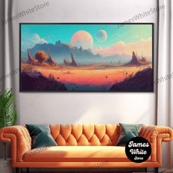 Framed Canvas Ready To Hang, Scifi Landscape Wall Art, Framed Canvas Print, Canvas Art, Two Moon Scifi Planet Watercolor