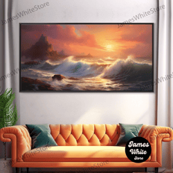 framed canvas ready to hang, seascape art, cliffs of scottland, framed canvas print, landscape painting, seascape painti
