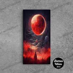 framed canvas ready to hang, spooky horror canvas print, bloodmoon sunset, blood moon, halloween wall art, cosmic horror