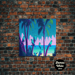 Framed Canvas Ready To Hang, Tropical Birds Of Paradise, Synthwave, Vaporwave Wall Art, Framed Canvas Print-1