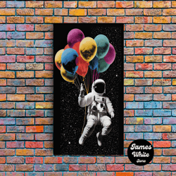 Framed Canvas Ready To Hang, Urban Wall Art, Banksy Inspired, Astronaut Holding Colorful Balloons, Framed Canvas Print,
