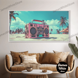 framed canvas ready to hang, vaporwave boombox on the beach wall art, framed canvas print, 1980s inspired home decor, re