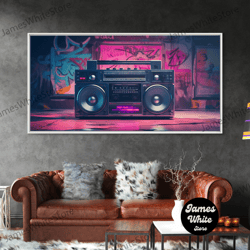 framed canvas ready to hang, vaporwave boombox wall art, framed canvas print, 1980s inspired home decor, retro art, 80s