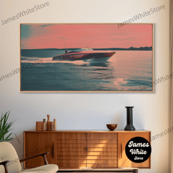 Framed Canvas Ready To Hang, Vaporwave Pink Speed Boat Decor, Nautical Framed Canvas Print, Eclectic Retro Wall Art, 198