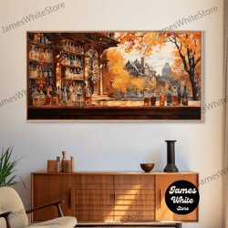 framed canvas ready to hang, view of fall trees from a rustic bar, home bar, pub decor, framed canvas print wall art, wa