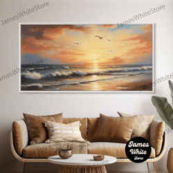 framed canvas ready to hang, watercolor beach canvas print coastal seashore original painting seaside cottage wall decor