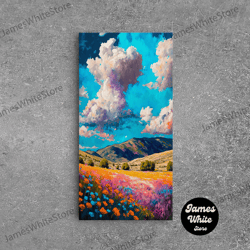 Framed Canvas Ready To Hang, Watercolor Cloudy Day, Fields Of Flowers, Framed Canvas Print, Colorful Wall Art, Minimalis