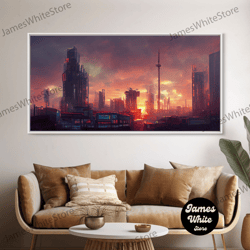 Framed Canvas Ready To Hang, Watercolor Of A Cyberpunk City, Canvas Print, Dystopian Urban Landscape At Sunset, Synthwav