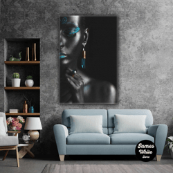 African Model Woman Blue Earrings Ring Makeup Roll Up Canvas, Stretched Canvas Art, Framed Wall Art Painting